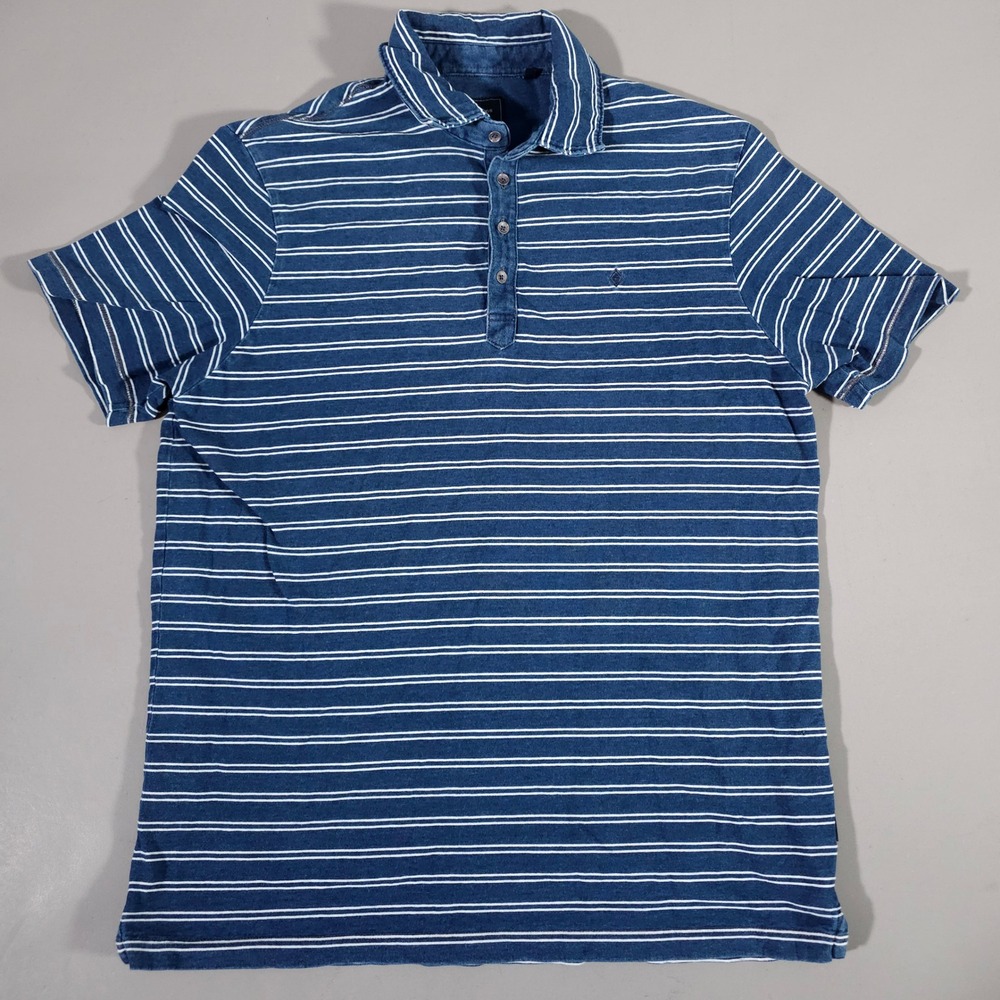 7Diamonds Polo Shirt Mens Medium Blue White Striped Short Sleeve Cotton Casual
